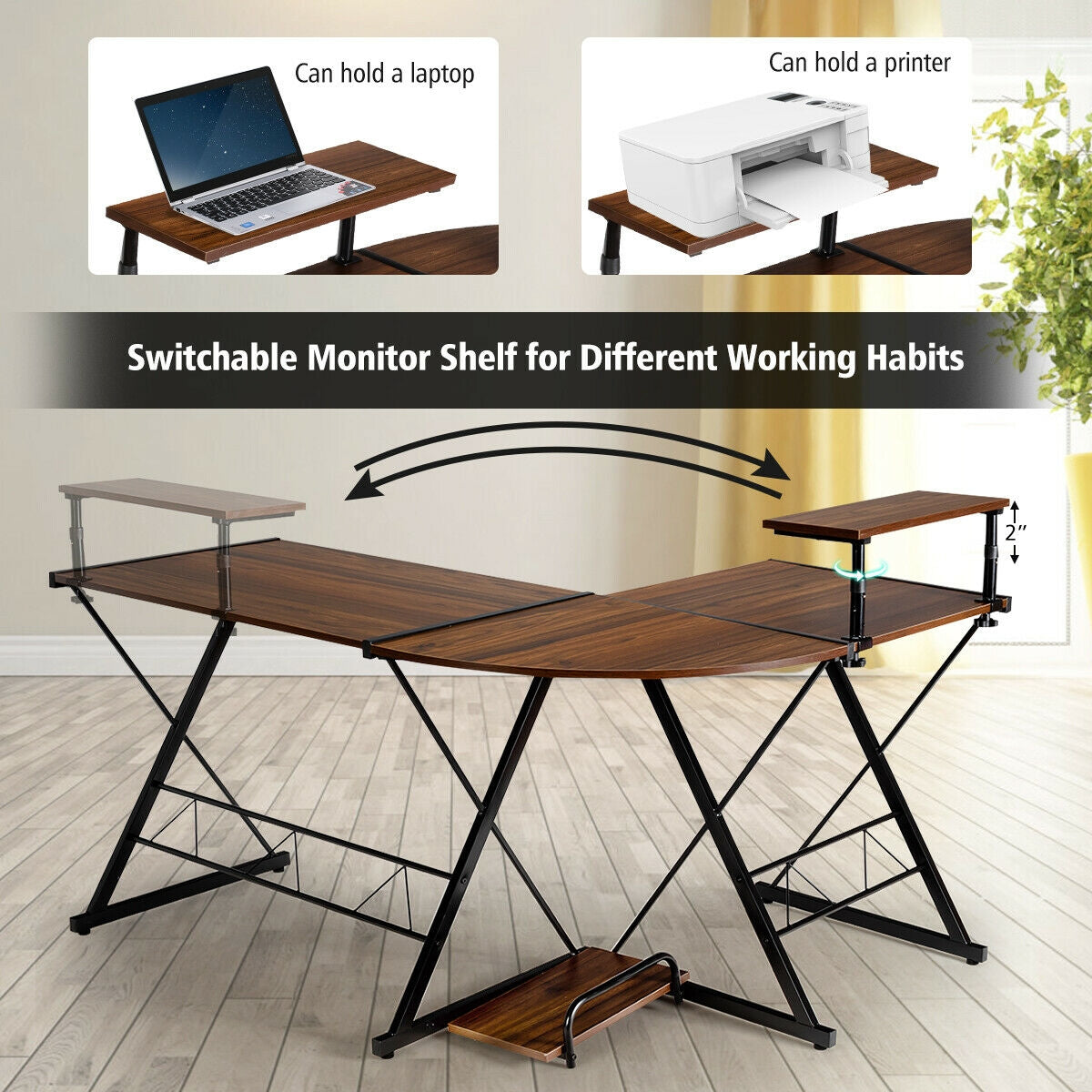 L-Shaped Desk Reversible Corner Computer Desk with Movable Shelf and CPU Stand