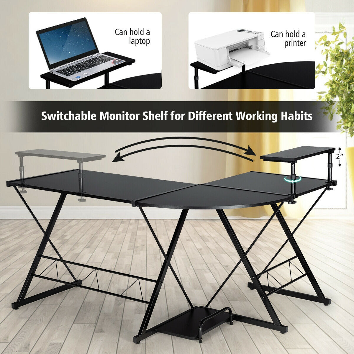 L-Shaped Desk Reversible Corner Computer Desk with Movable Shelf and CPU Stand