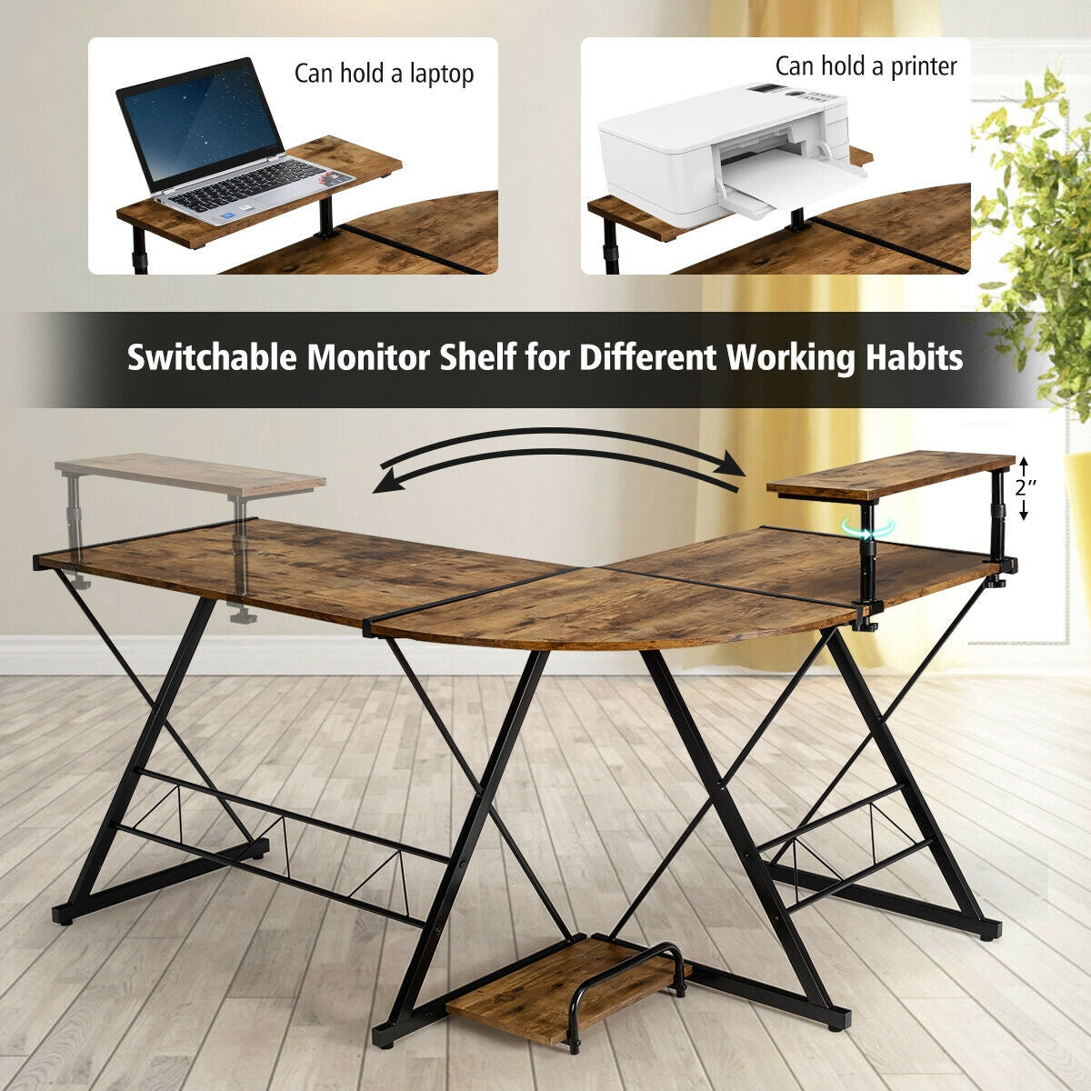 L-Shaped Desk Reversible Corner Computer Desk with Movable Shelf and CPU Stand