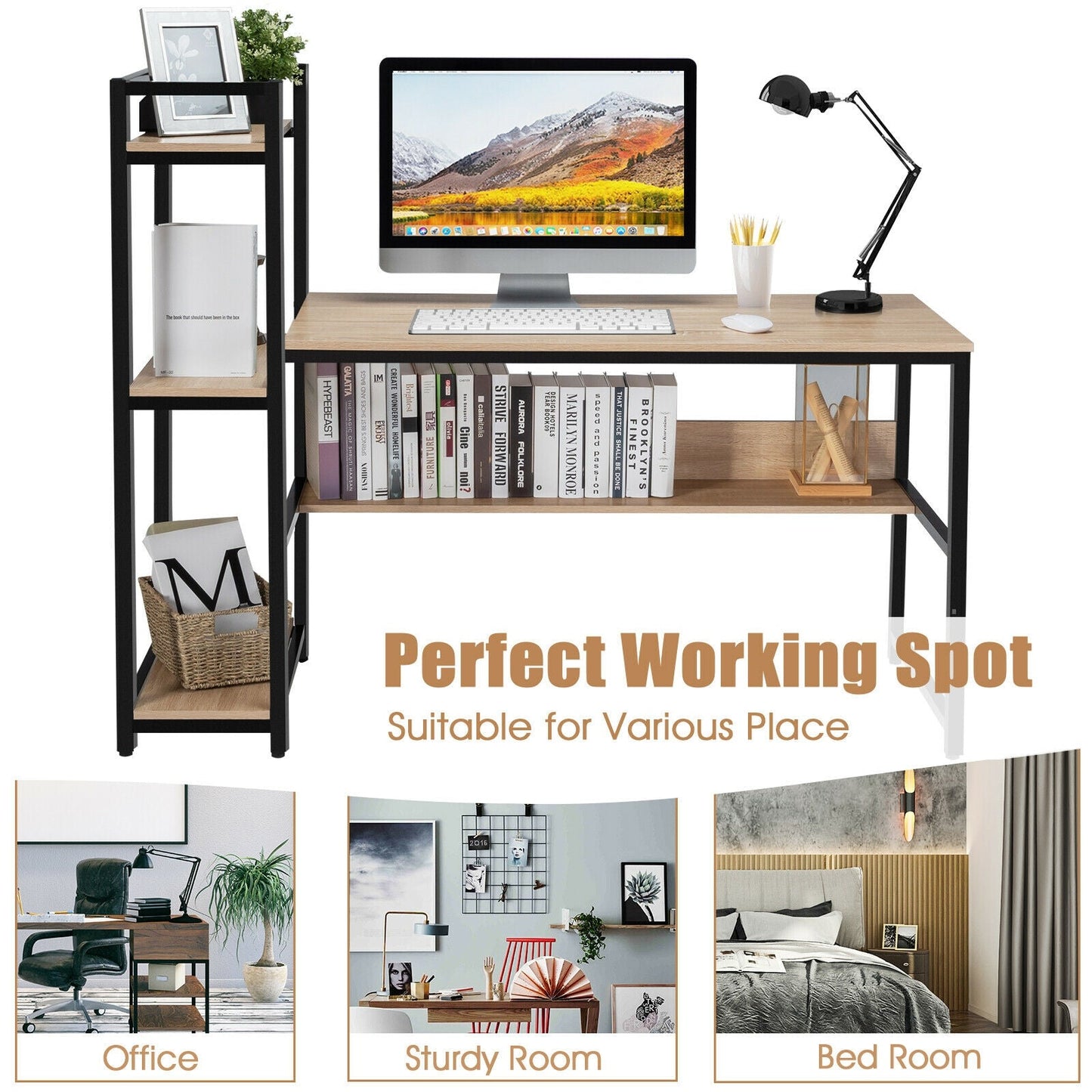 59-Inch Computer Desk Home Office Workstation 4-Tier Storage Shelves