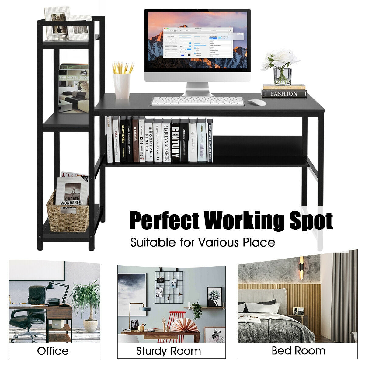 59-Inch Computer Desk Home Office Workstation 4-Tier Storage Shelves