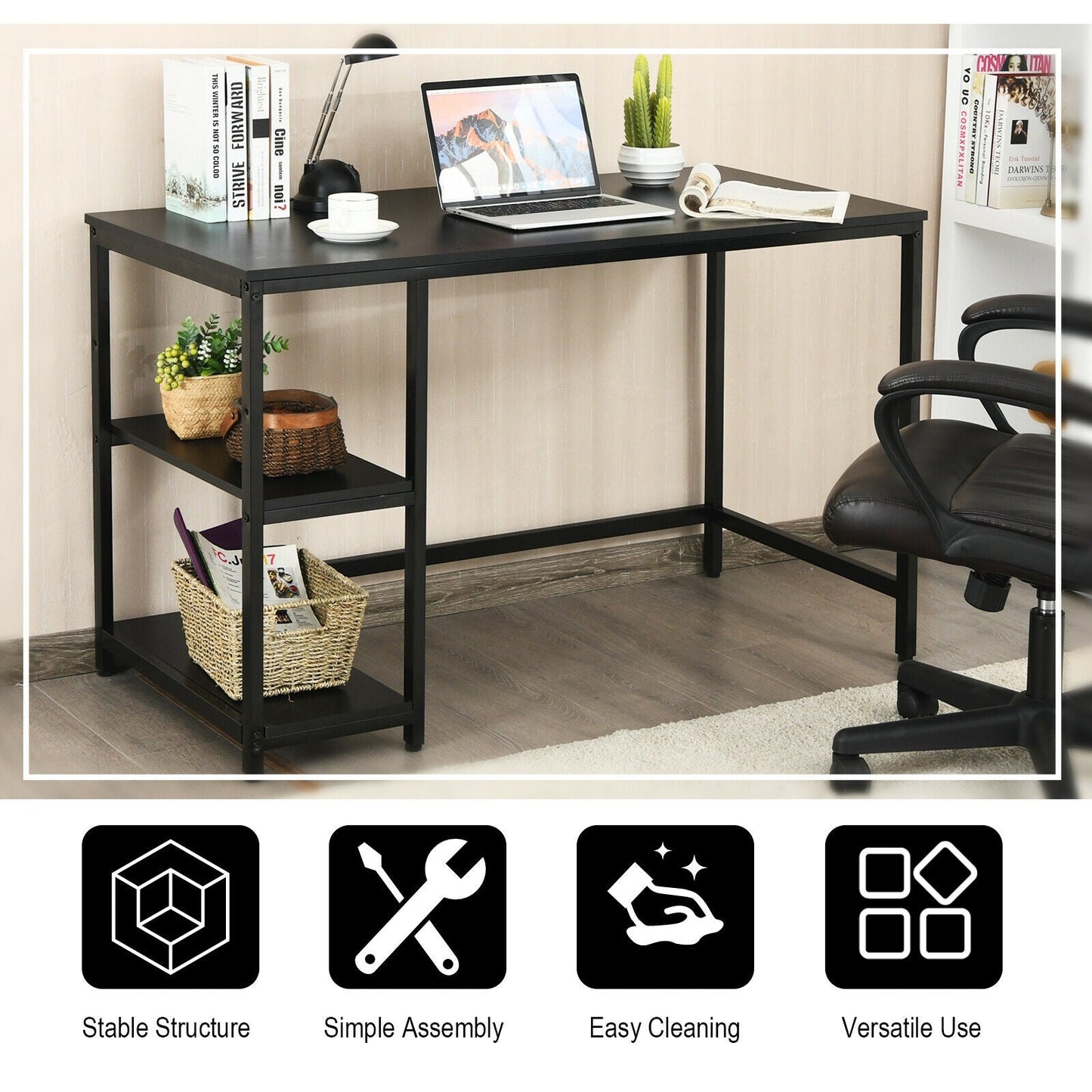 47 Inch Computer Desk Office Study Table Workstation Home with Adjustable Shelf Black
