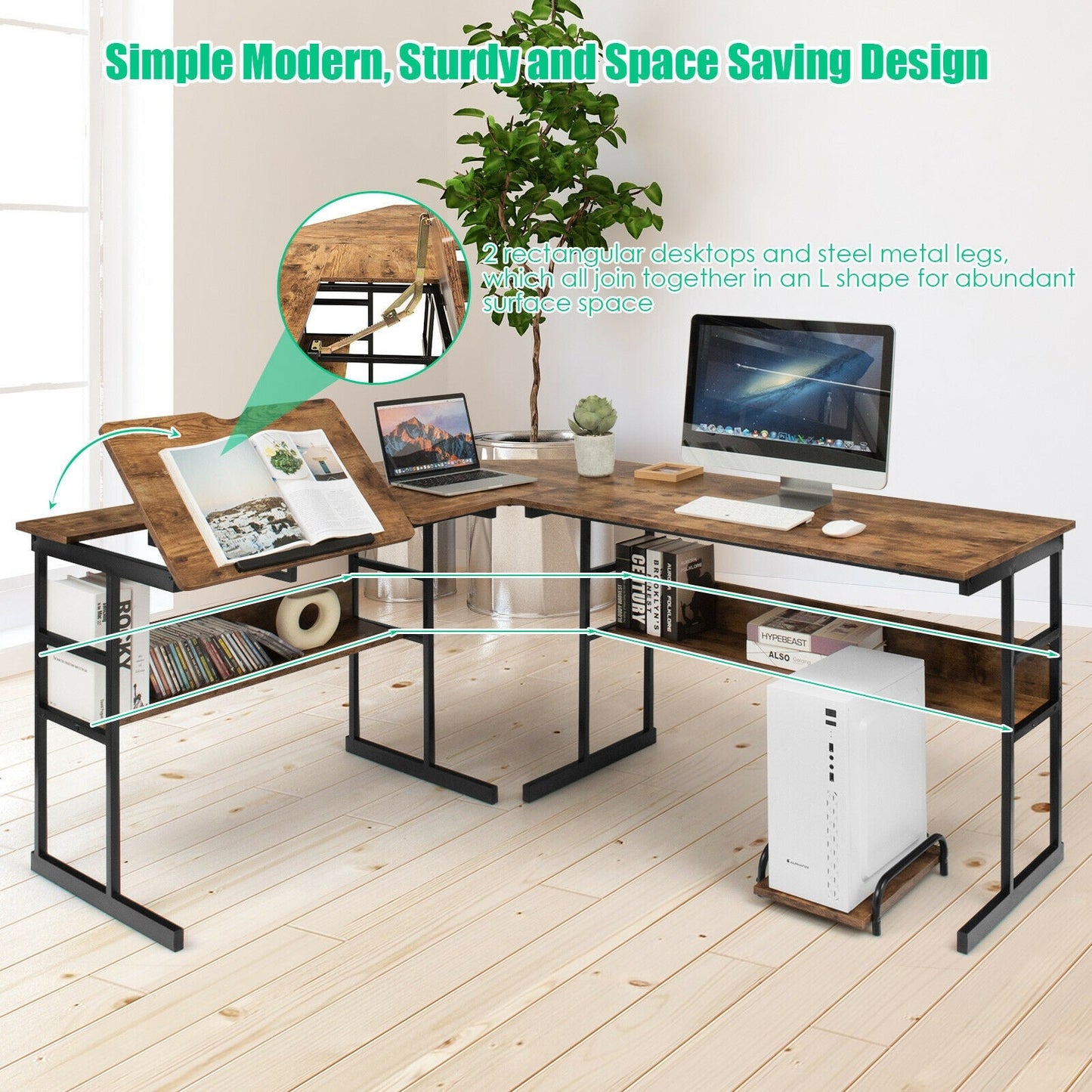 L-Shaped Computer Desk with Tiltable Tabletop