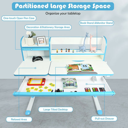 Adjustable Height Study Desk with Drawer and Tilted Desktop for School and Home