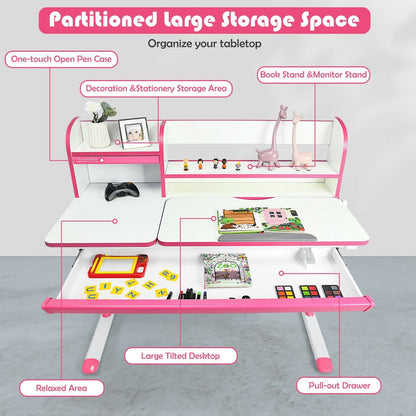 Adjustable Height Study Desk with Drawer and Tilted Desktop for School and Home