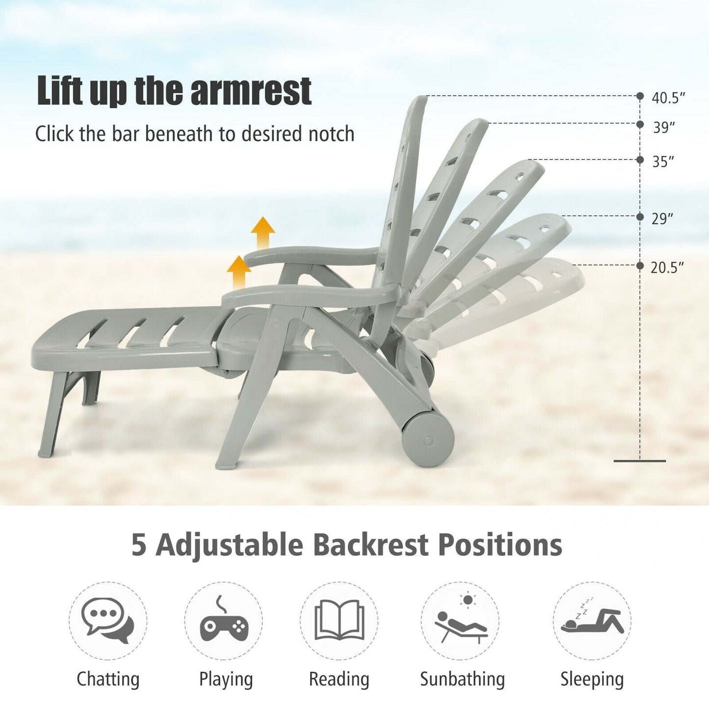 5 Position Adjustable Folding Lounger Chaise Chair