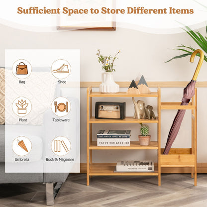 4-Tier Bamboo Shoe Rack Organiser with Umbrella Holder-Natural