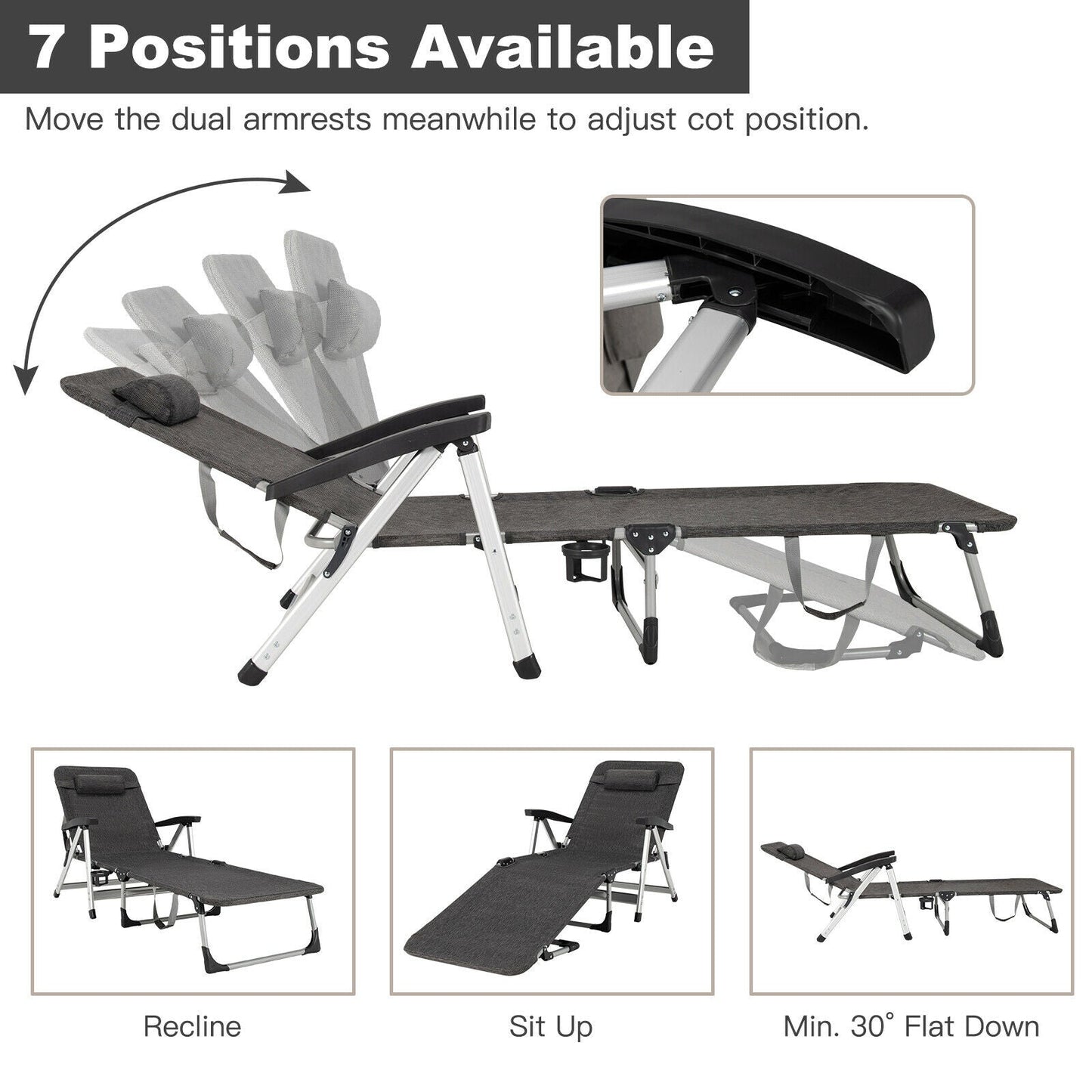 Beach Folding Chaise Lounge Recliner with 7 Adjustable Position