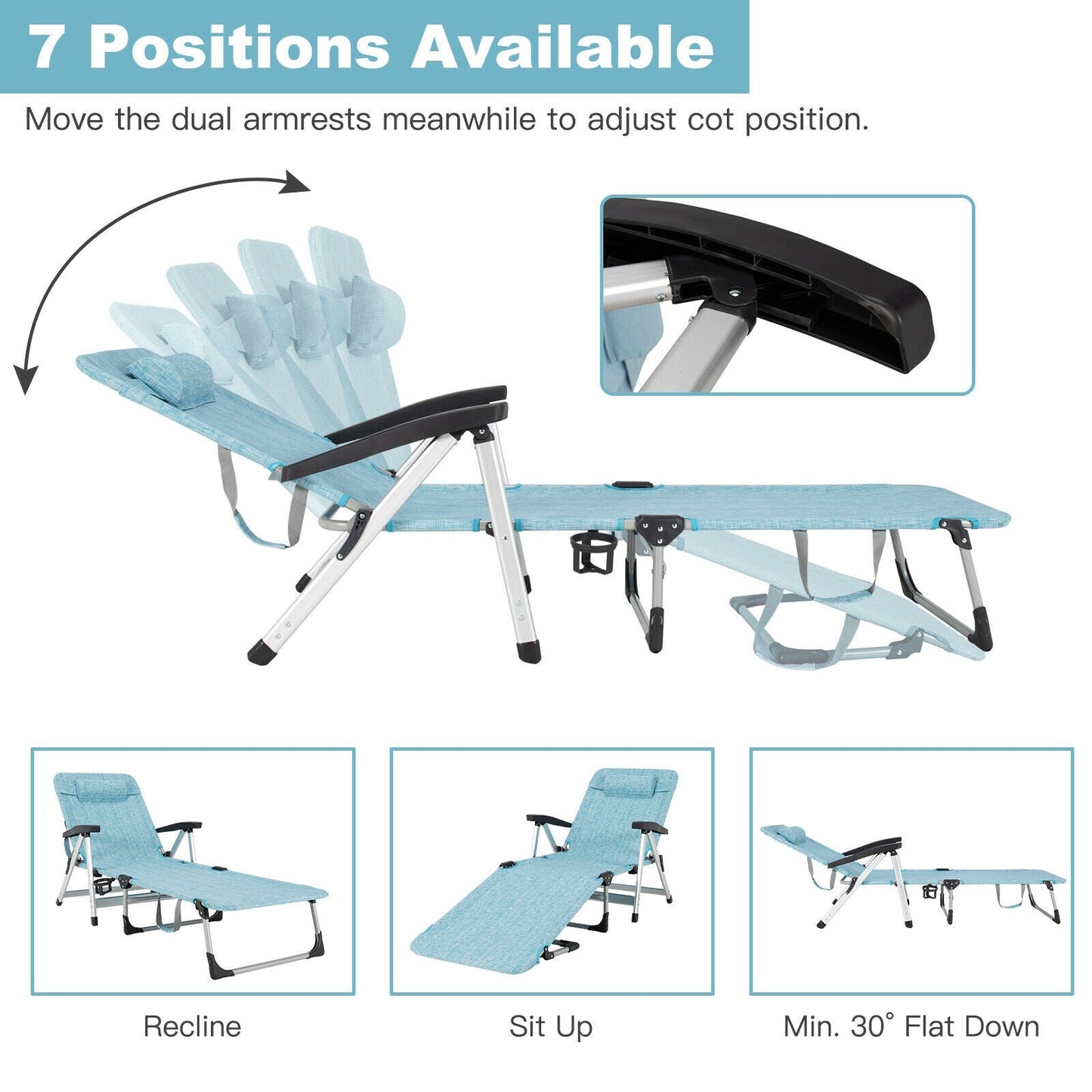 Beach Folding Chaise Lounge Recliner with 7 Adjustable Position