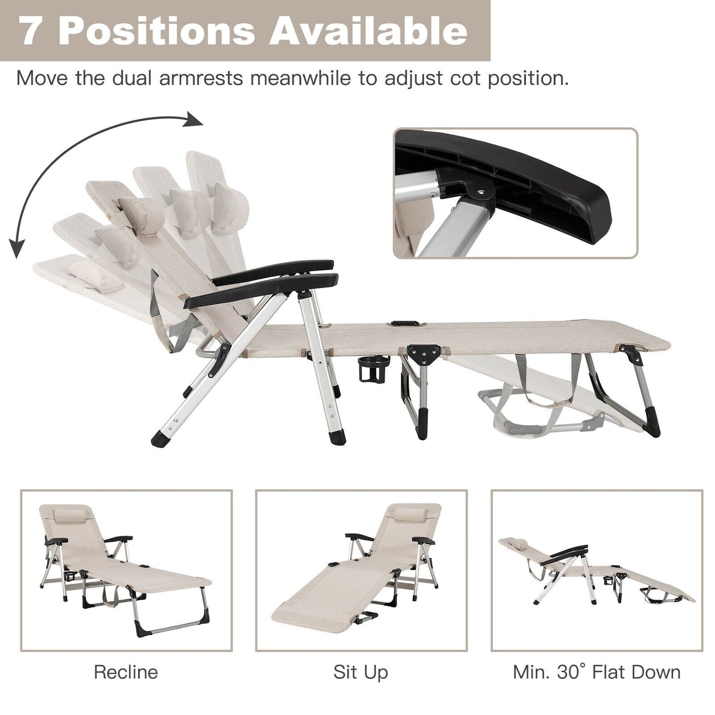 Beach Folding Chaise Lounge Recliner with 7 Adjustable Position