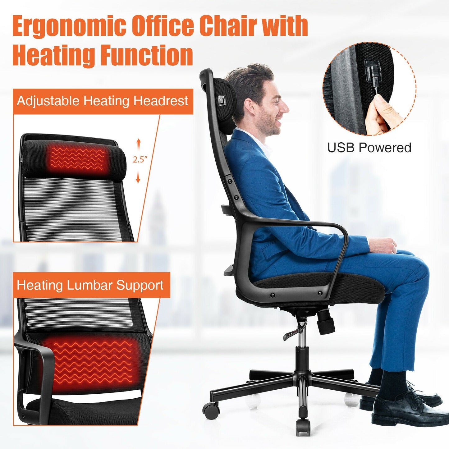 Adjustable Mesh Office Chair with Heating Support Headrest