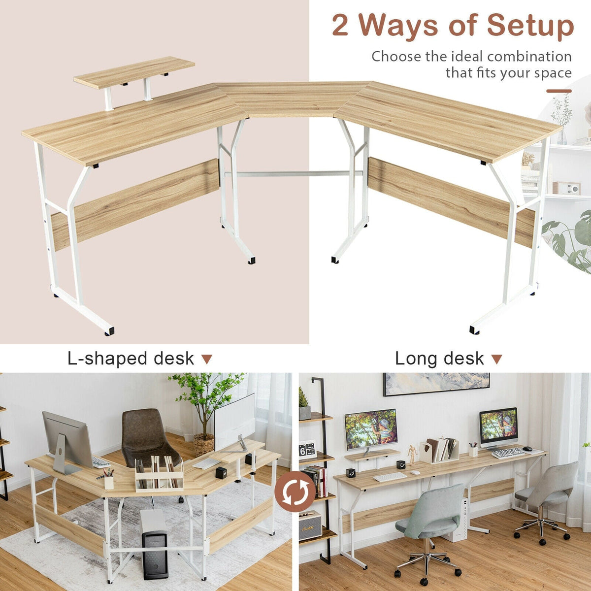 88.5 Inch L Shaped Reversible Computer Desk Table with Monitor Stand