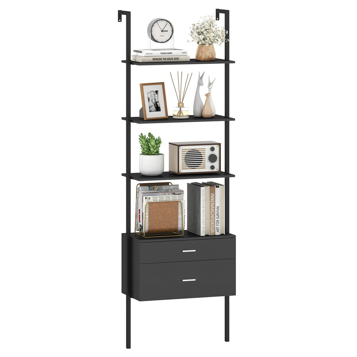 6-Tier Ladder Bookcase with 2 Drawers and Metal Frame-Black
