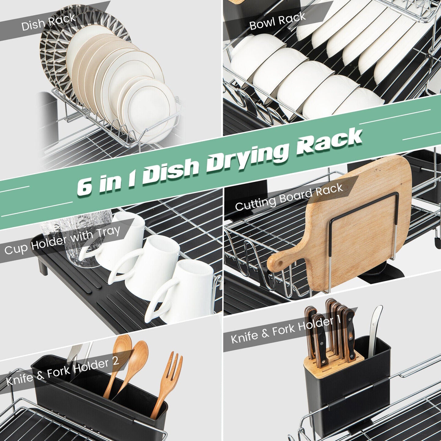 2-Tier Detachable Dish Rack with Drainboard and 360¬∞ Swivel Spout