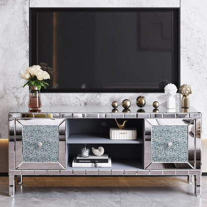 TV Stand Mirrored Crushed Diamond Glass Silver 59 In Fits 65 In TV