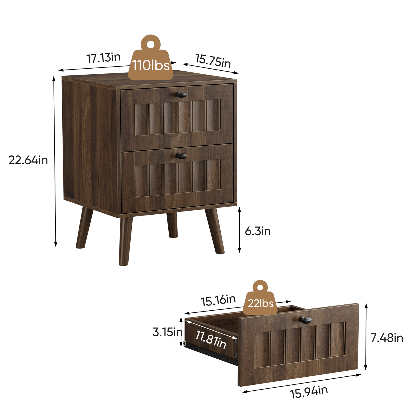 Double Drawer Bedside Table, Solid Wood Legs, Walnut, 15.75x15.75 in, 2-Pack