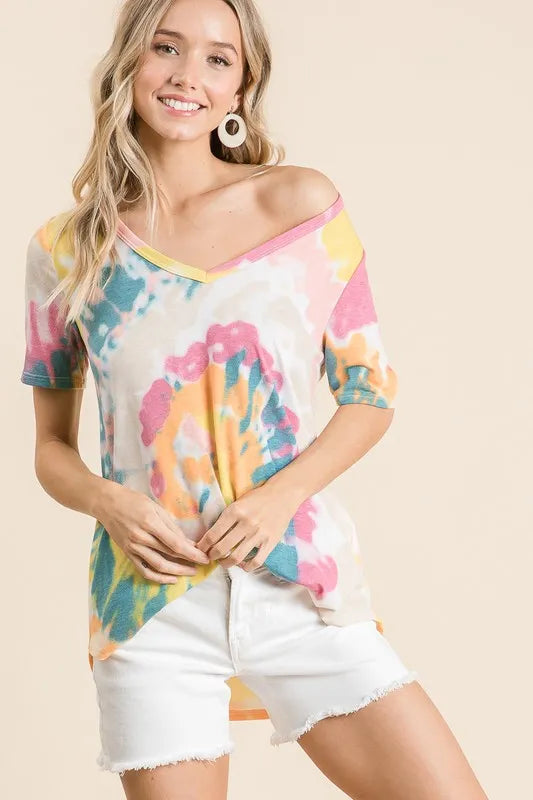 BiBi Circular Tie Dye Print V Neck Top