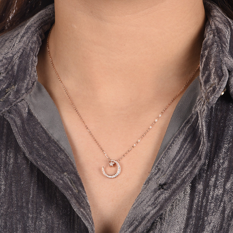 S925 Sterling Silver Star & Moon Necklace, D-VVS1 Moissanite Pave Pendant, Platinum Plated 38&41cm Chain, 1.6g Jewelry Gift Box With GRA Certificate