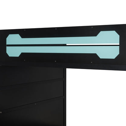 Full Size Wood Loft Bed with Desk, Multi-storage Shelves and RGB Light, Cloud