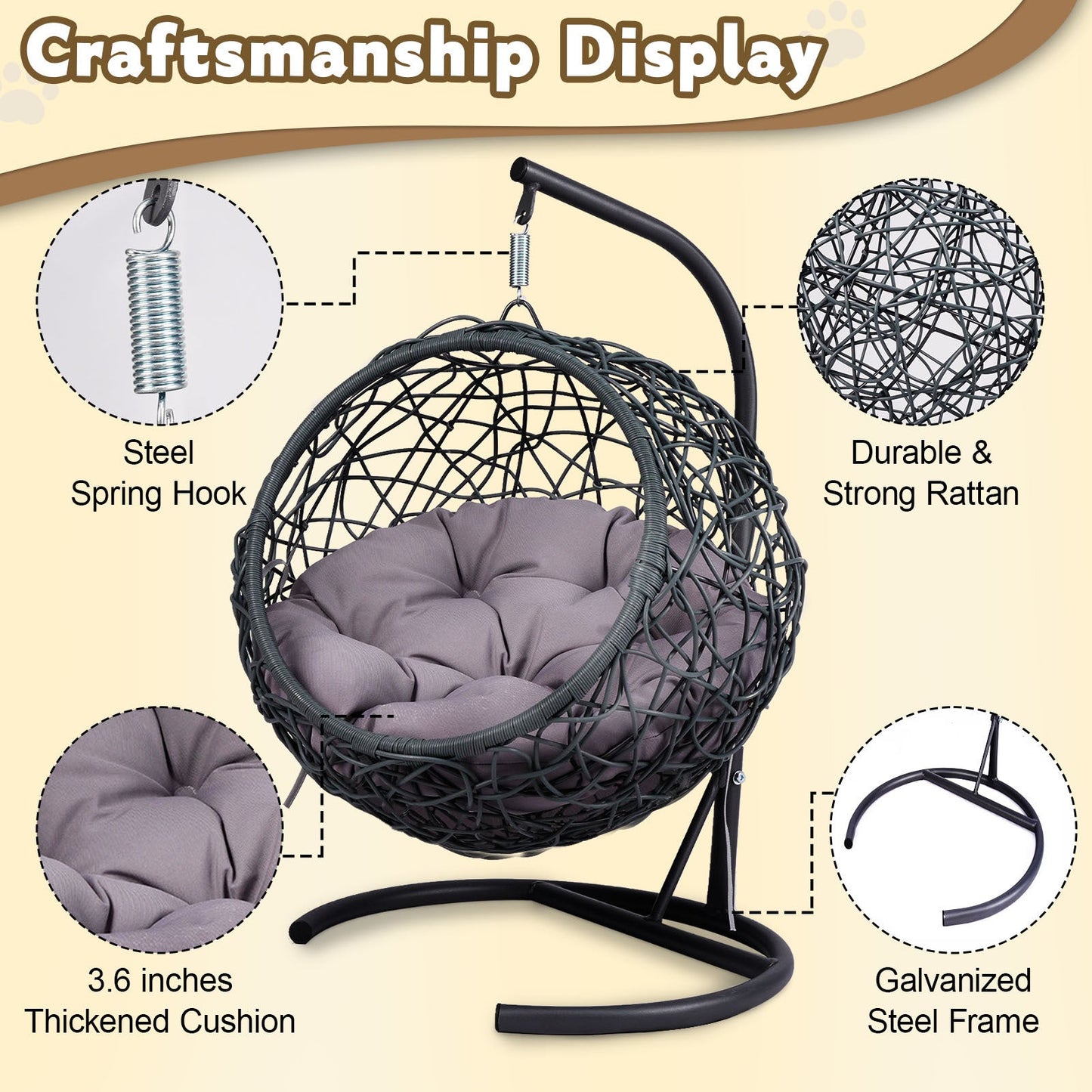 Cat Swing Bed with Stand and Cushion, Rattan Wicker Egg Chair Style, Gray