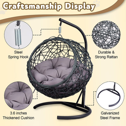 Cat Swing Bed with Stand and Cushion, Rattan Wicker Egg Chair Style, Gray