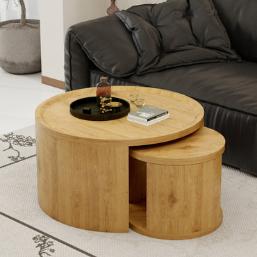 Round Nesting Coffee Table Set of 2, 31.5 and 18 in, Wood Top, Living Room
