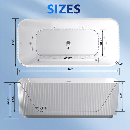 67' Rectangle Acrylic Whirlpool Bathtub Freestanding Soaker Tub Chrome Drain cUPC