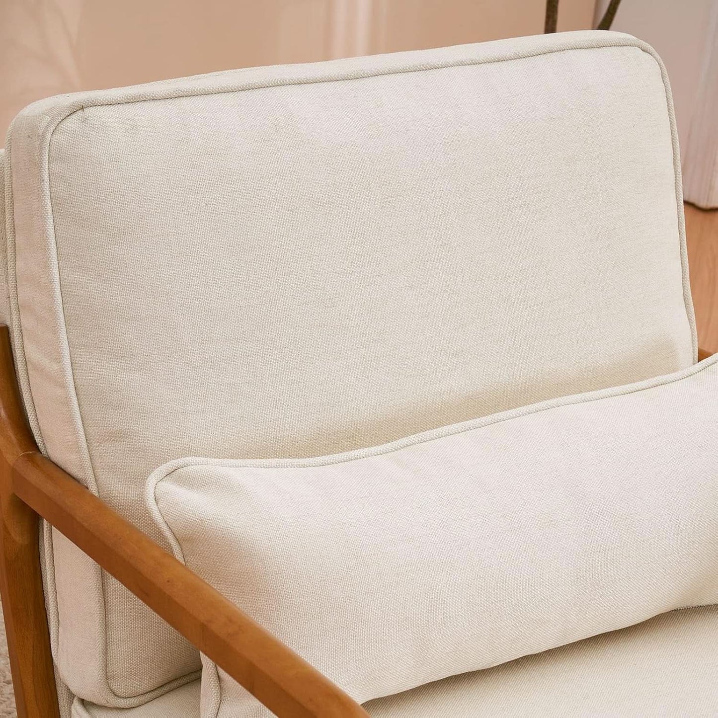 Beige Linen Fabric Mid Century Upholstered Accent Chair