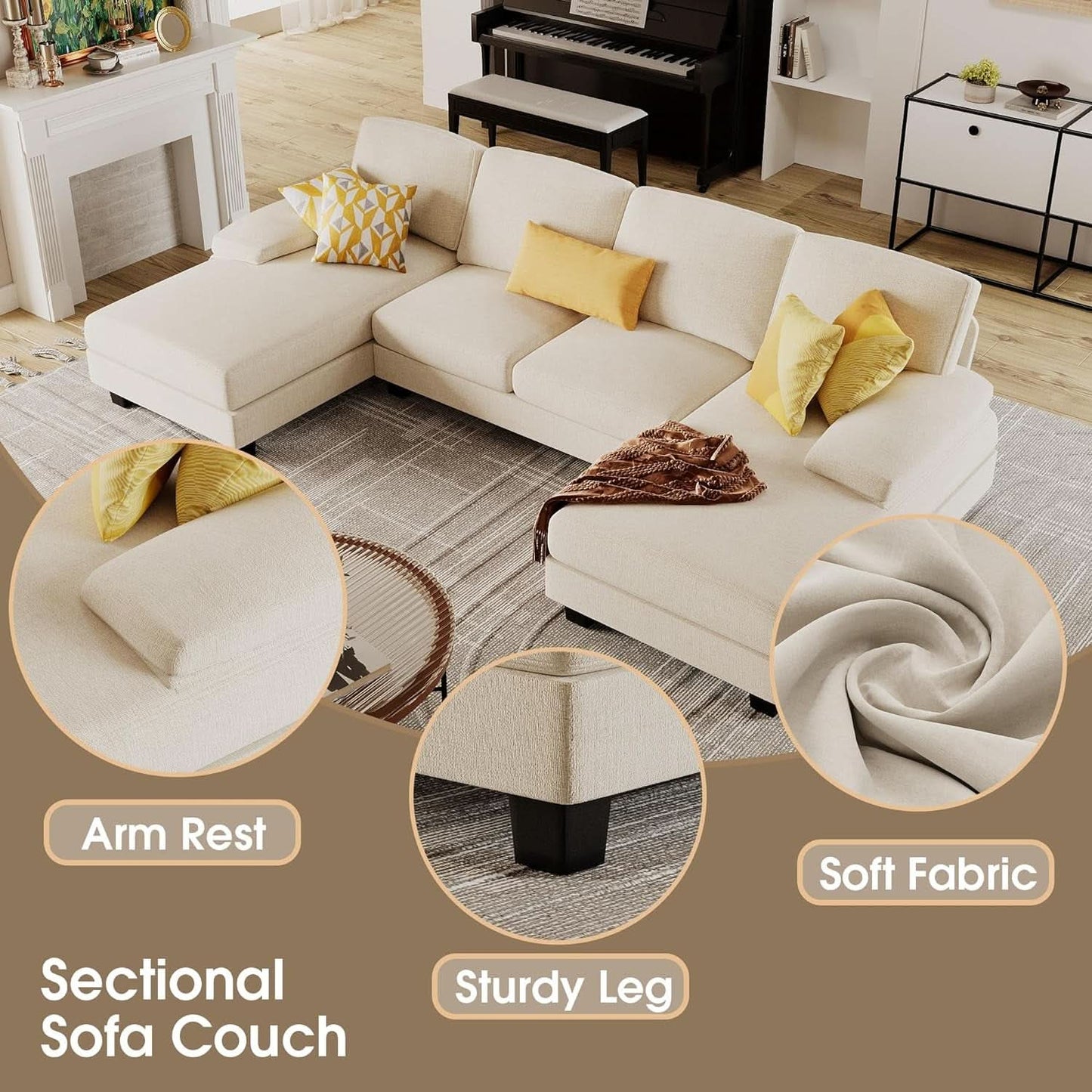 White Linen Sectional Sofa U Shaped 4 Seat Chaise Couch