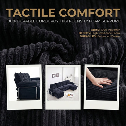 Sectional Sofa U-Shape Modular Corduroy Black 6-Seat with 2 Ottomans 140.94 In