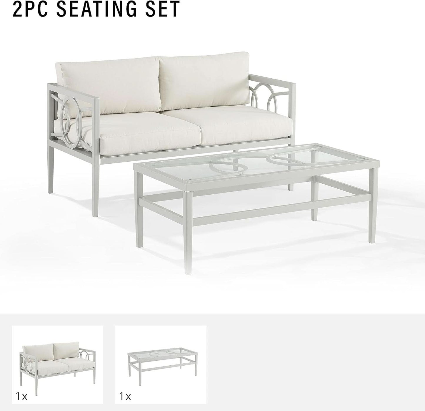 2 Piece Outdoor Coffee Table And Loveseat Set Gray Frame Creme Cushions
