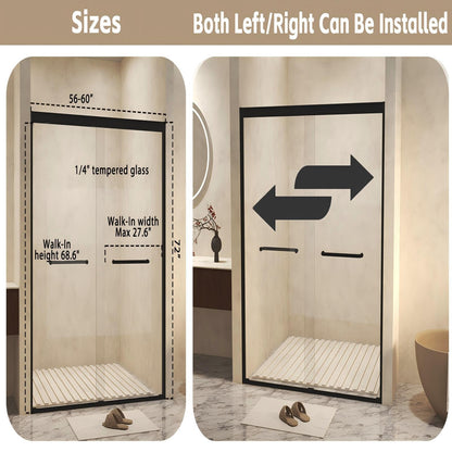 Modern Matte Black Aluminum Frame Double Sliding Shower Door, 56-60in x 72in