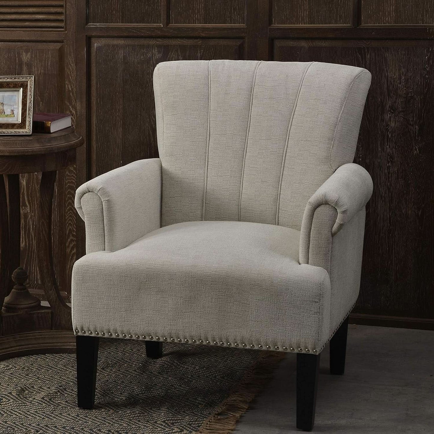 Cream Polyester Tufted Mid Century Upholstered Chair