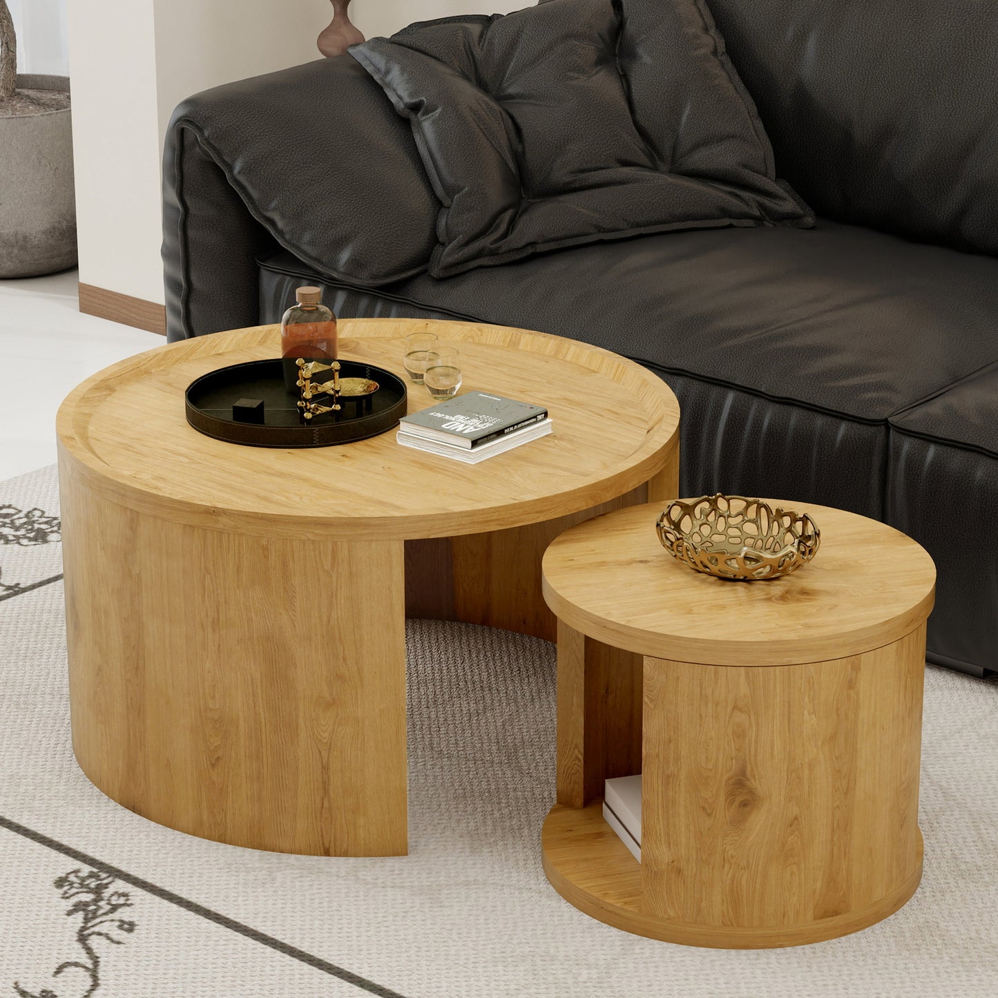 Round Nesting Coffee Table Set of 2, 31.5 and 18 in, Wood Top, Living Room
