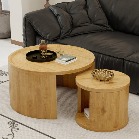 Round Nesting Coffee Table Set of 2, 31.5 and 18 in, Wood Top, Living Room