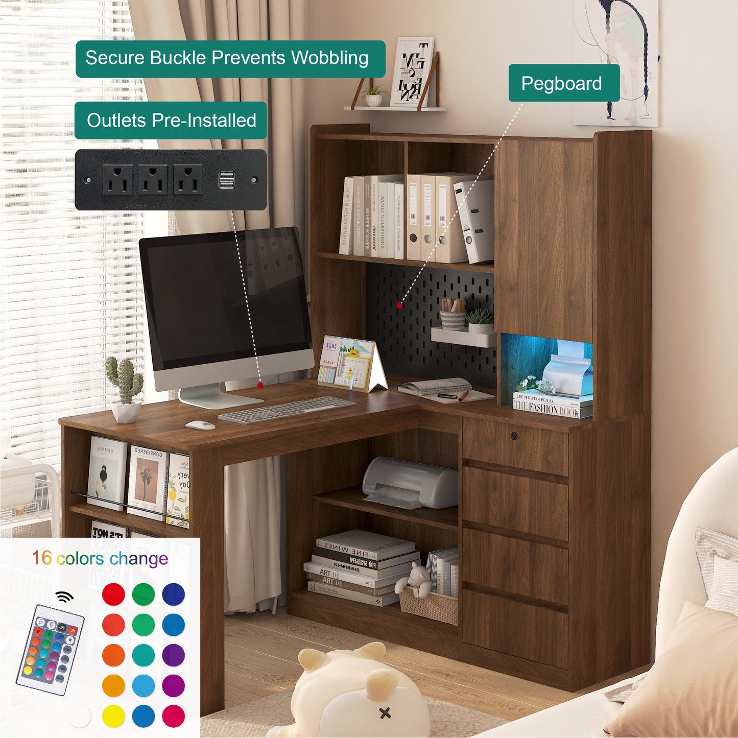 L Shaped Desk with Charger,Computer Desk with Drawers,Bookshelf, with LED Lig...