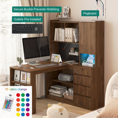 L Shaped Desk with Charger,Computer Desk with Drawers,Bookshelf, with LED Lig...