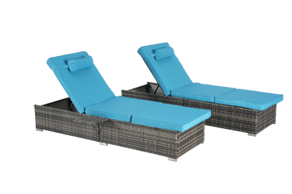 Chaise Lounge PE Rattan Steel Light Blue 5 Position Set of 2 600 LB