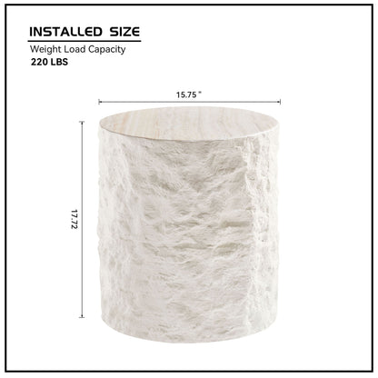 15.75 in Round Fiberglass Side Table, Imitation Stone Design, No Assembly, Beige