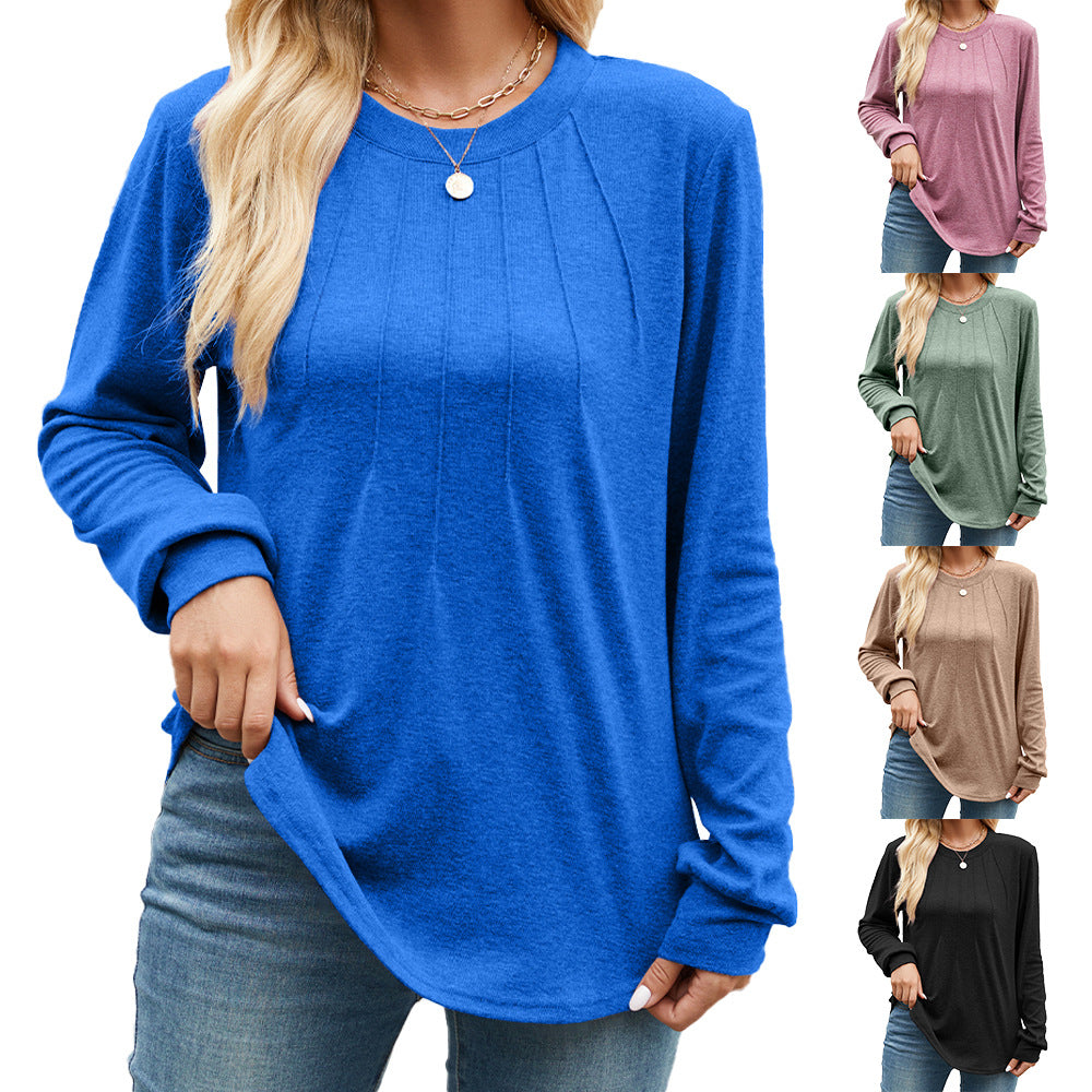 Solid-color Crew-neck Loose-fitting Long-sleeve T-shirt For Women