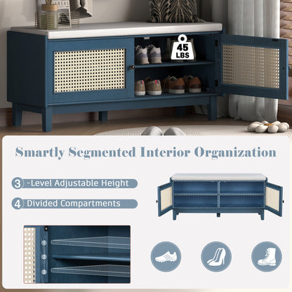 Boho Rattan Entryway Bench with Storage, Cushioned Shoe Bench with Double