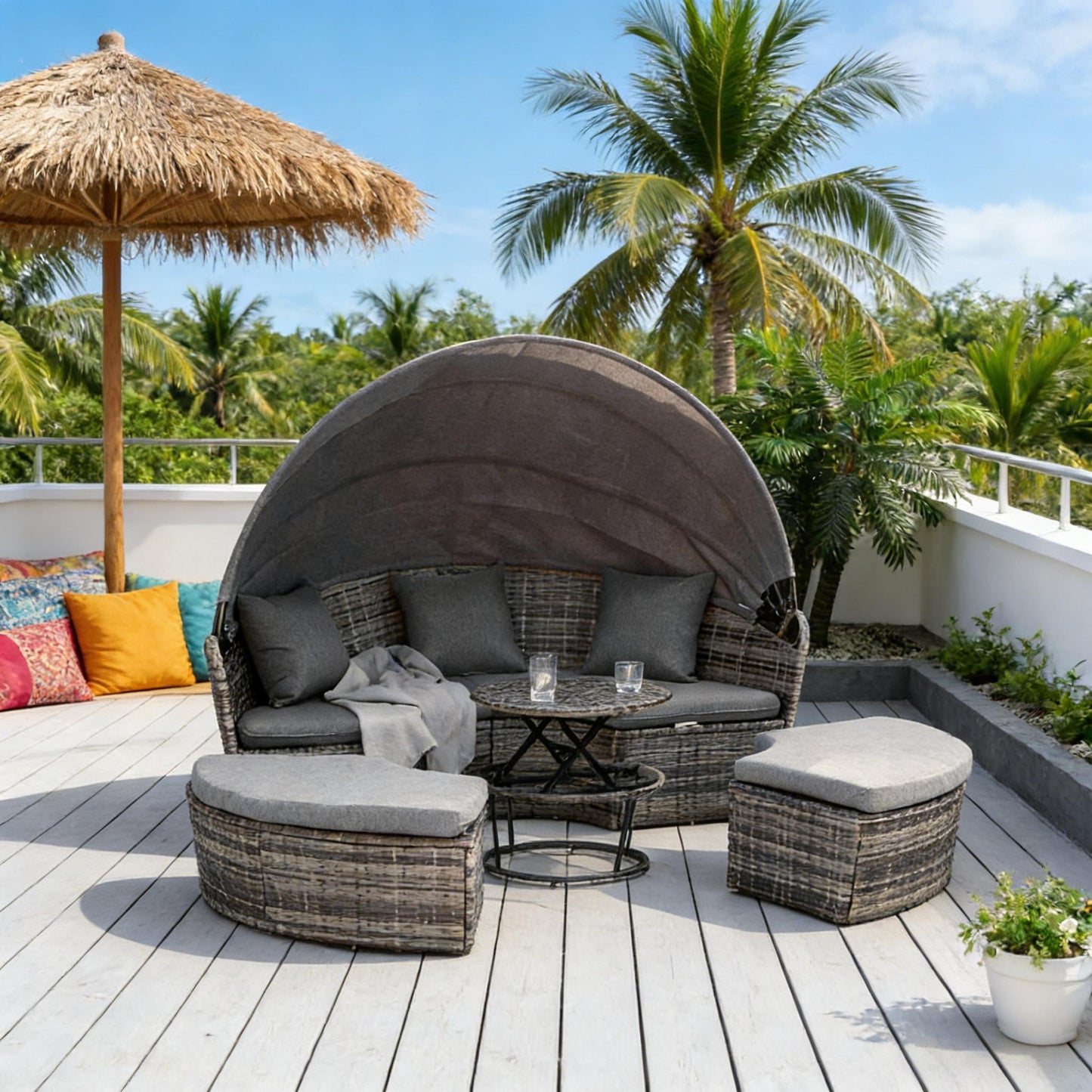 Outdoor Round Daybed Set PE Rattan Gray 4 Piece Canopy 352 lb Capacity