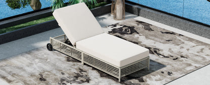 Outdoor Lounge Chair, 5-Position Adjustable Rattan Chaise with Cushion and
