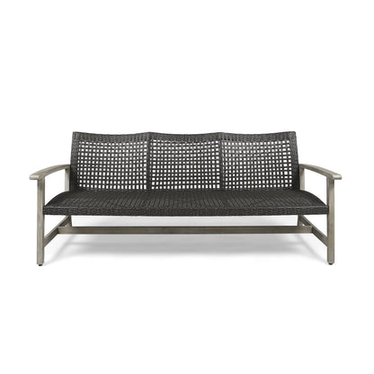 Outdoor Sofa Acacia Wood Wicker 3 Seater Gray 75.5in