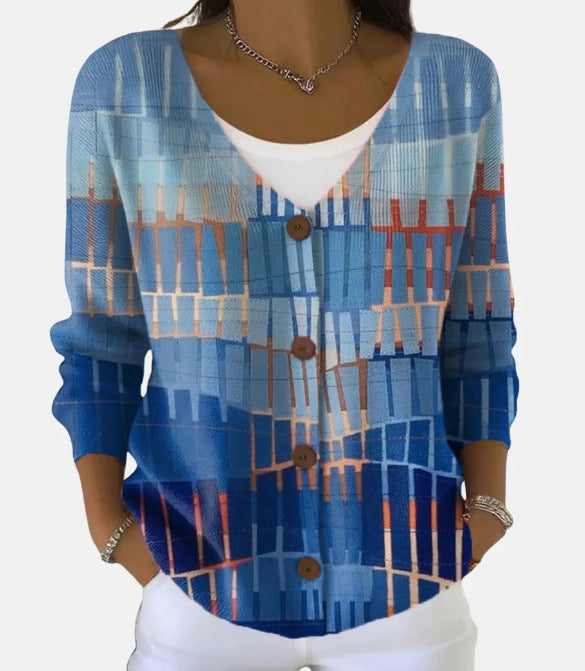 Womens Printed Knitted Sweater With Buttons Printed Cardigan