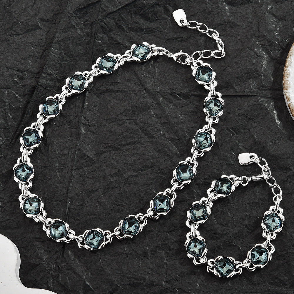 Grey Oval Cubic Zirconia Matching Jewelry Set For Women, Silver Choker Necklace & Bracelet 2Pcs Elegant Wedding Party Fashion Jewelry