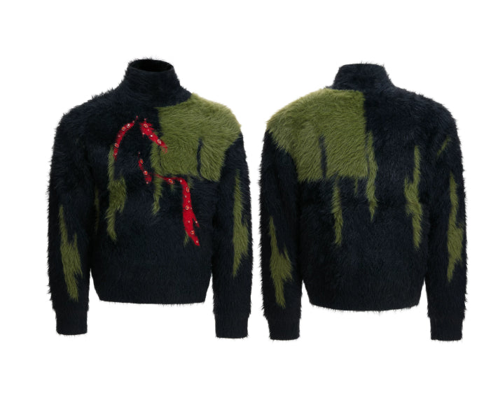 Mink-faux Fur Contrast-color Sweater With Diamond-embellished Horse Totem Knitwear
