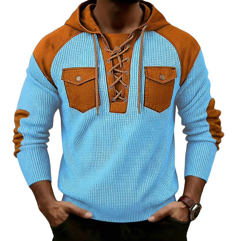 Mens Waffle-Weave Hooded Long-Sleeve Sweatshirt
