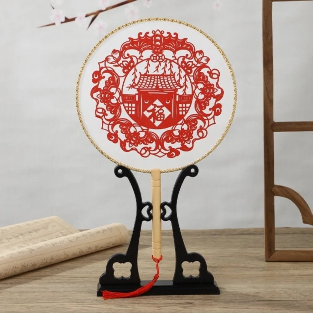Chinese Paper-Cut Silk Round Hand Fan with Tassel