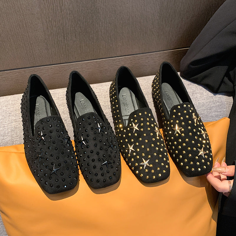 2026 Fall New Square Toe Rhinestone Flat Moccasins, Soft Sole Slip On Loafers For Wide Feet Women